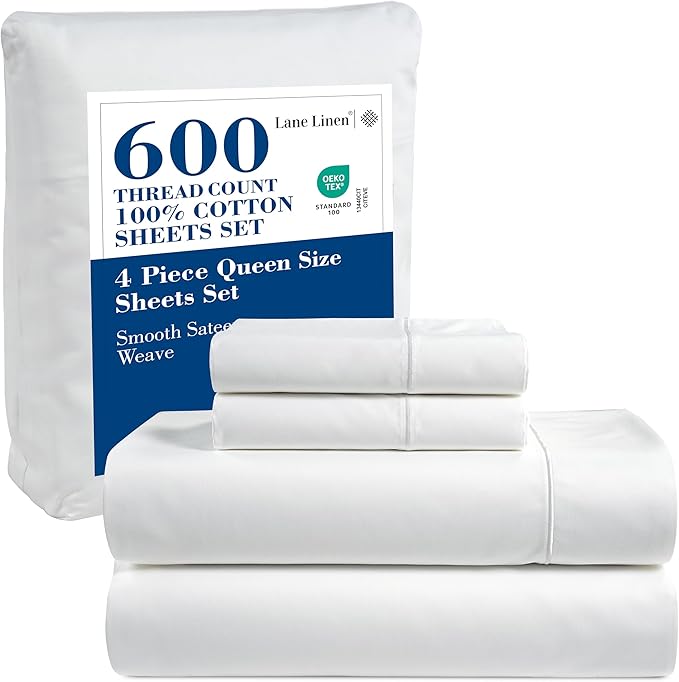 LANE LINEN Queen Sheet Set - 600 Thread Count Premium Soft Long Staple 100% Cotton Sheets, Hotel Luxury Sateen Silky Finish, Snug Fit 15" Deep Pocket, Low Pill, Machine Washable - White Sheets