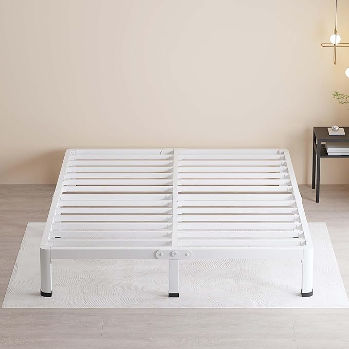 MAF 10 Inch King Size Bed Frame White with Round Corner Legs Mattress Slide Stopper No Box Spring Needed Heavy Duty Metal Platform Bed Frames Under-Bed Storage Space, 3000 LBS Steel Slats Support