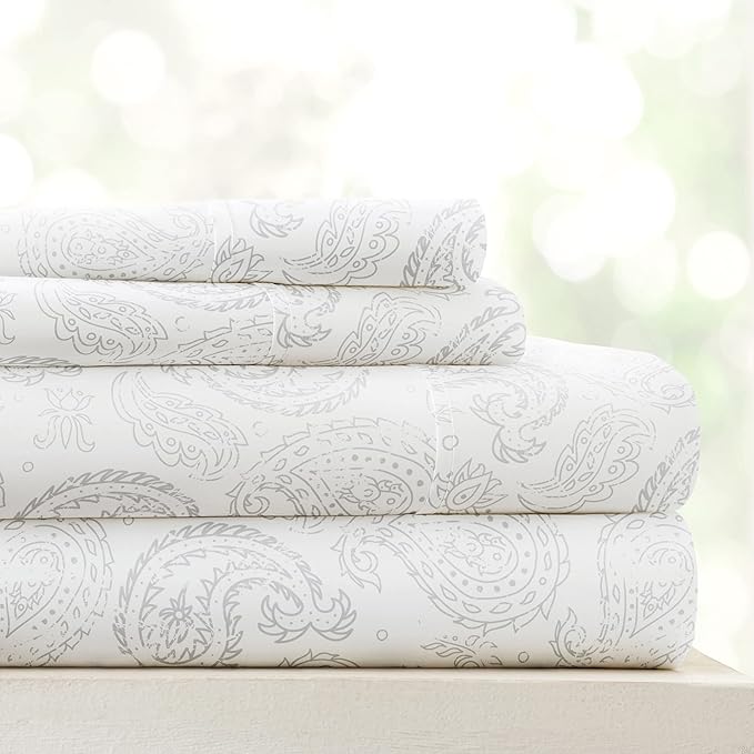 Linen Market 4 Piece King Sheet Set - Breathable, Double-Brushed Patterned Cooling Sheets – Oeko-TEX Certified Ultra Soft & Wrinkle-Free 16" Deep-Pocket King Sheets - Easy Care Coarse Paisley Gray