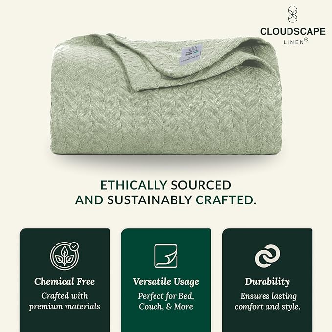 Cloud Scape Linen 100% Cotton Blanket King 92x108 Seafoam - Cozy Herringbone Weave, Fits Up to Cal King Beds, Breathable Softness, All-Season Warmth, Heavy Layering Winter Blanket