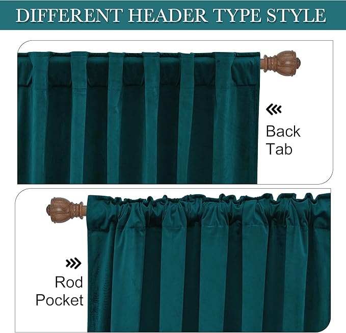 RYB HOME Velvet Curtains 102 inches Long, Back Tab Room Darkening Noise Reducing Window Treatment for Living Room Bedroom Privacy Protect for Stuido, Peacock Blue, W52 x L102 inch, 2 Panels