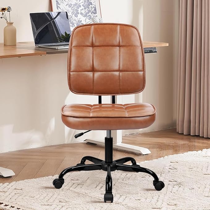 CLATINA Armless Home Office Chair with Lumbar Support and Wheels, Small PU Leather Ergonomic Low Back Desk Chairs No Arms, Adjustable Height 360° Swivel Rolling Computer Task Chair, Brown, 8 Pack
