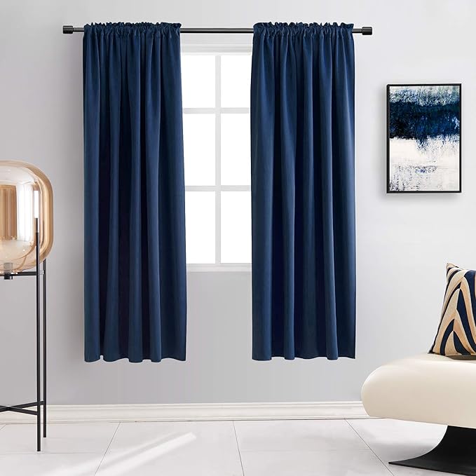 DONREN Navy Blue Blackout Curtain Panels for Short Window - 2 Pack Thermal Insulated Room Darkening Rod Pocket Curtains for Bedroom (52 by 63 Inch,2 Panels)