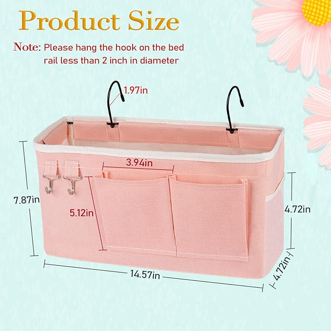 Ozzptuu Bedside Storage Caddy/Bedside Hanging Storage Bag for Headboards Bunk Beds Dorm Rooms Book Phone Magazine Holder (Light Pink)