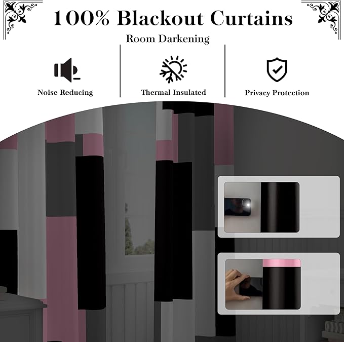 Pink 100% Blackout Curtains for Bedroom 72 inch Length 2 Panels Set Grey Modern Abstract Geometric Black Out Curtains Insulated Room Darkening Window Drapes for Living Room, 52Wx72L