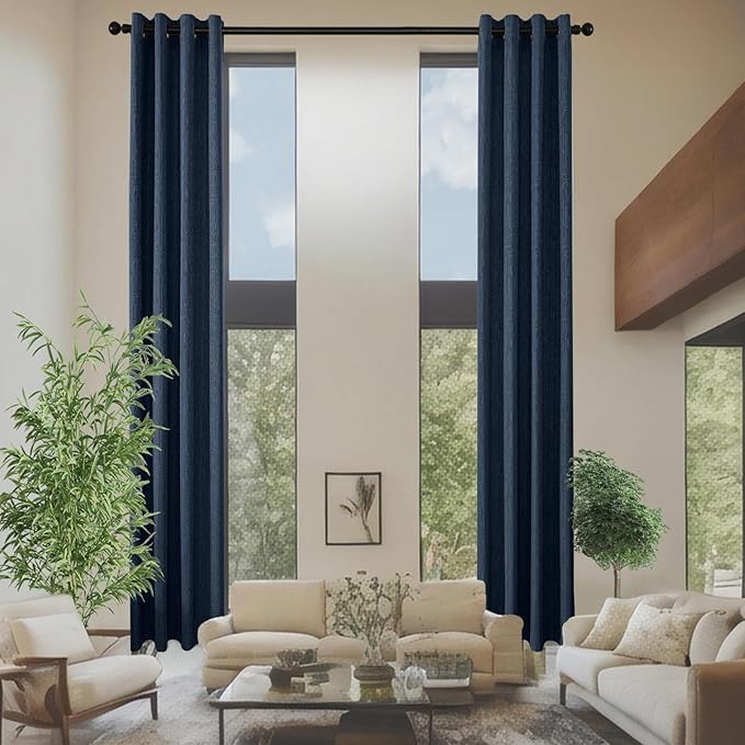 Linen Curtains 188 inch Length 2 Panels for High Ceiling Extra Long Thick Faux Linen Window Drapes Burlap Textured Curtains with Grommet for 2 Story High Living Room (52x188 Navy)