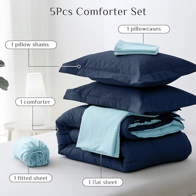 JOLLYVOGUE Twin XL Comforter Set, Ultra-Soft Bed in a Bag Twin XL Size 5 Pieces, Oeko-TEX Certified Bedding Set with Down Alternative Comforter, Sheets, Pillowcases & Shams, Navy & Light Blue