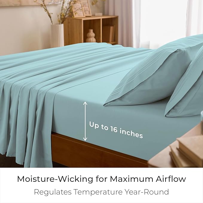 Mellanni King Sheet Set - 6-Piece Iconic Collection Bedding, (Including 4 Pillowcases), 16-Inch Deep Pocket, Easy Care, Extra Soft, Cooling Sheets, Brushed Microfiber - Aqua