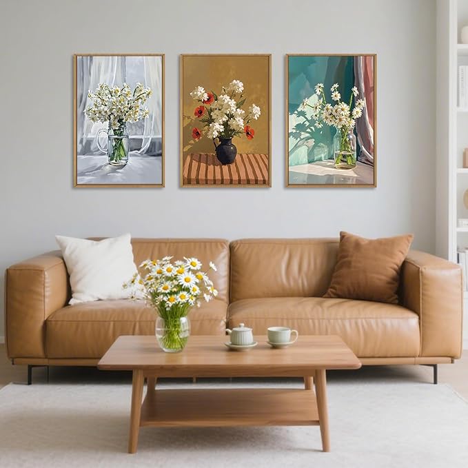 LHIUEM Large Vintage Botanical Floral Framed Canvas Wall Art,Boho White Daisy Vase Wall Decor,Modern Flower Sunshine Prints,Rustic Wildflower Artwork for Living Room,Bedroom,Dining Room,Office -24"x36"x3