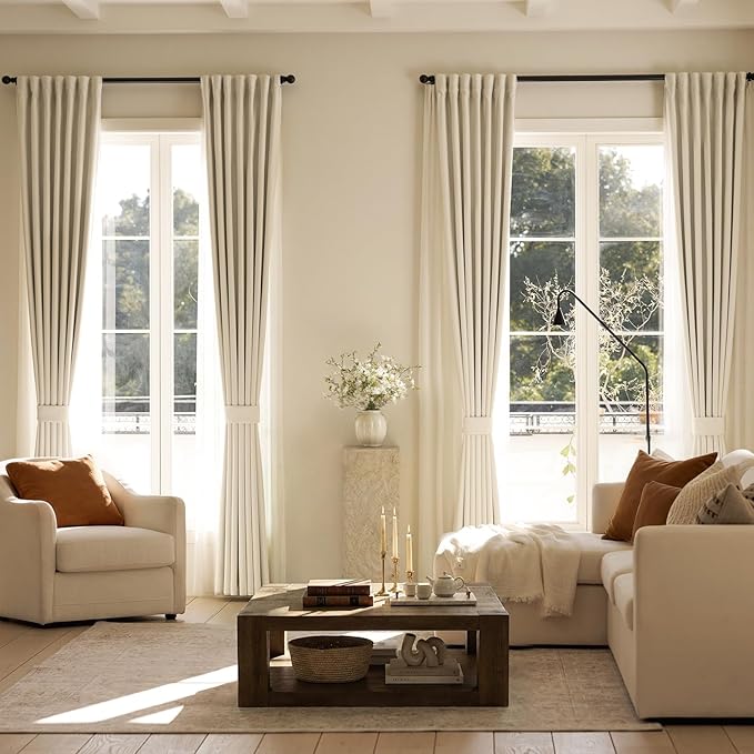 jinchan Chenille Blackout Curtains 96 Inches Long Beige Thermal Insulated Curtains for Living Room Bedroom 2 Panels Triple-Weave Noise Reducing Drapes Back Tab Full Privacy Window Curtains 50x96 Inch