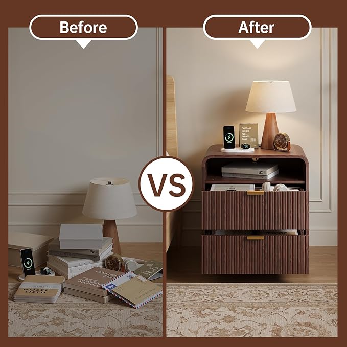 FURSUN 24" Fluted Nightstand Set of 2 with Charging Station, Wooden End Table with 2 Drawers Storage, Curved Profile Design, Modern Bedside Cabinet for Bedroom, Walnut