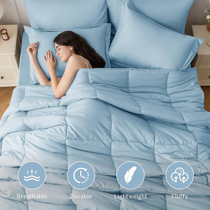 JOLLYVOGUE Queen Comforter Set, Ultra-Soft Bed in a Bag Queen Size 7 Pieces, Oeko-TEX Certified Bedding Set with Down Alternative Comforter, Sheets, Pillowcases & Shams, Lake Blue