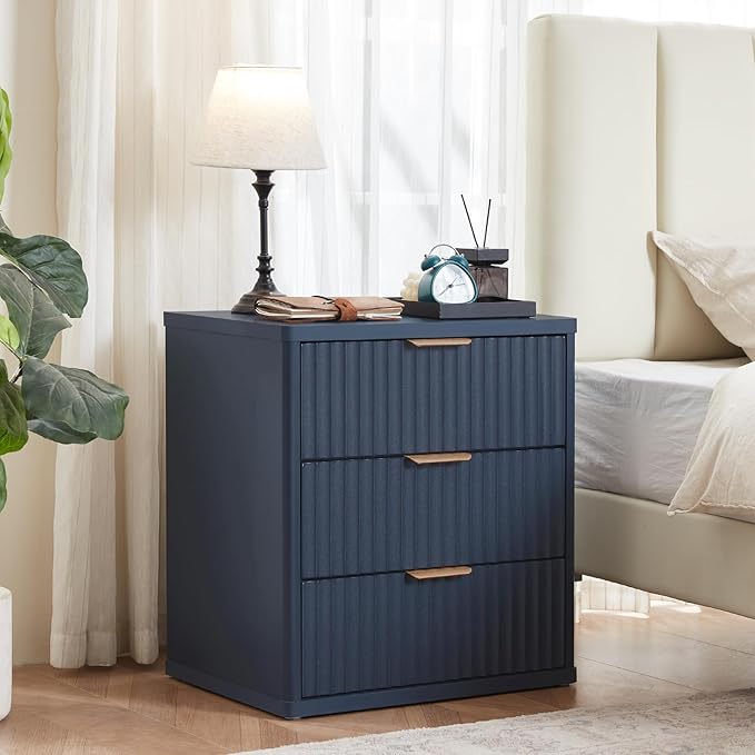 LEYAOYAO Fluted Dressers & Nightstand Set of 4, Wood 48" Wide Dresser & 42" Tall Chest of Drawers,Modern Bedroom Furniture Sets,Navy Blue Wooden Nightstand Set of 2 with 3 Drawers & Charging Station