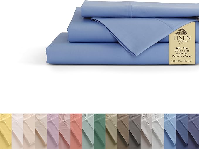 Linen Home 100% Cotton Percale Sheets Queen Size, Baby Blue, Deep Pocket, 4 Pieces Set - 1 Flat, 1 Deep Pocket Fitted Sheet and 2 Pillowcases, Crisp Cool and Strong Bed Linen