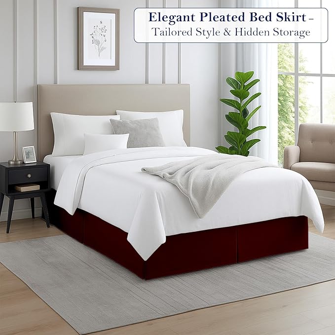 Twin Bed Skirt, Luxury 21 Inch Drop Burgundy Pleated Bed Skirt, Double Brushed Microfiber, Box Pleat Design, Wrinkle & Fade Resistant, Easy Fit Tailored Bedskirt for Twin Size Beds