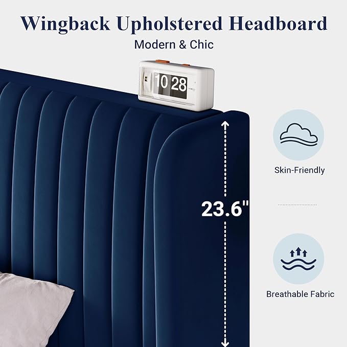 Allewie Queen Size Velvet Bed Frame/Vertical Channel Tufted Wingback Headboard/Upholstered Platform Bed/Strong Wooden Slats/No Box Spring Needed/Easy Assembly/Dark Blue