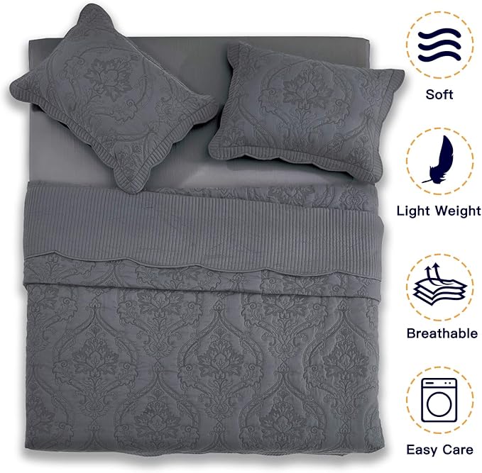 CHIXIN Bedspread Coverlet Set Queen Size - Lightweight Bedding Cover - Beautiful Stitching - 5 Piece Reversible Bedspread - Gorgeous Damask Paisley Pattern (Queen, Dark Grey)