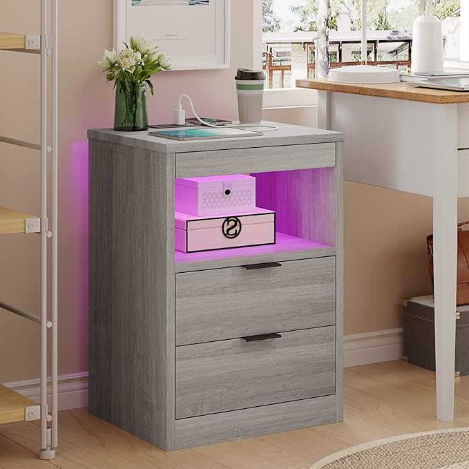 Tiptiper LED Nightstand Set of 2, Gray Nightstand with Wireless Charging Station, Night Stand with Drawers & Pull-Out Shelf, Modern Bedside Table with Storage, End Side Table
