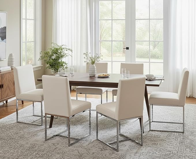CIMOTA Modern Dining Chairs Set of 6, Upholstered Dining Room Chairs Armless Guest Side Chair with Chrome Base for Dining Room/Kitchen, Beige, 6PCS