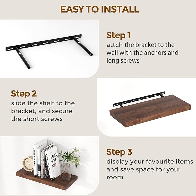 Floating Shelves 16 Inch Long, Wall-Mounted Bathroom Shelves Set of 2, 9.3 Inch Deep Shelf for Home Storage & Display, Wooden Deep Wall Shelves for Bedroom, Living Room, Kitchen, Walnut Color