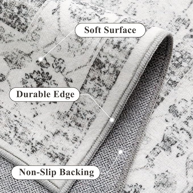 Grey 2x6 Runner Rug Vintage Area Carpet Hallway Indoor Kitchen Washable Low Pile Traditional Distressed Retro Accent Throw Rug Non Slip for Laundry Bathroom Office