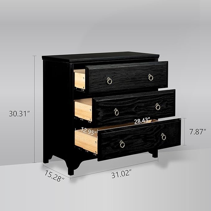 Chogori Solid Wood Dresser for Bedroom- Natural Wood Veneers & Water Based Paint Finished- Vintage Chests of Drawers, Small 3 Drawer Dresser (2, Black)