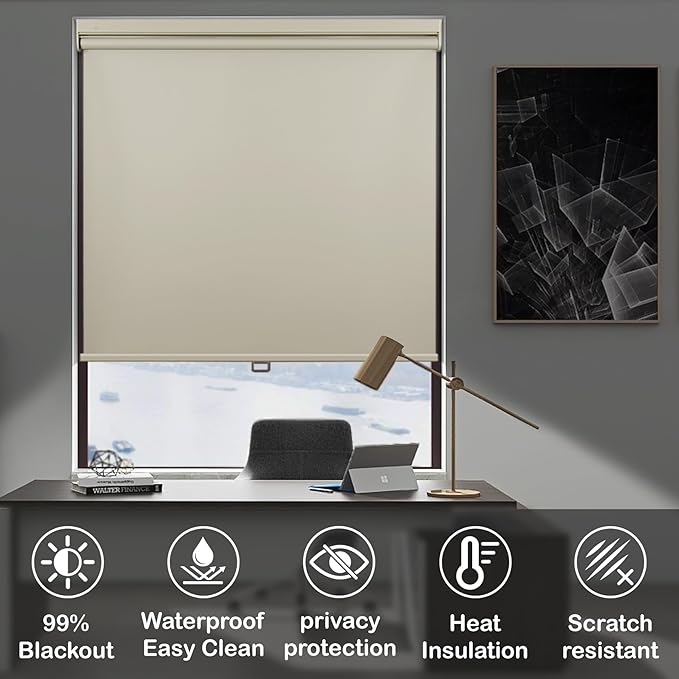HESTIA No Drill Cordless Blackout Roller Shades Screwless Waterproof Shower Window Blinds, Auto-Retraction Easy Install Blind for Bathroom/Kitchen/Office/Exterior, Cream, 38" W x 54" H