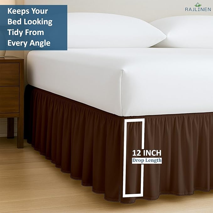 Rajlinen Ruffled Bed Skirt King, 12 Inch Drop Dust Ruffle with Split Corners, 100% Microfiber Bedskirt with Platform, Three-Sided Coverage Ruffled Gathering Design, Chocolate