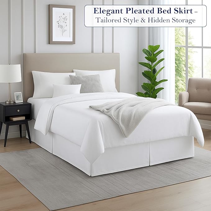 Full Bed Skirt, Luxury 21 Inch Drop White Pleated Bed Skirt, Double Brushed Microfiber, Box Pleat Design, Wrinkle & Fade Resistant, Easy Fit Tailored Bedskirt for Full Size Beds