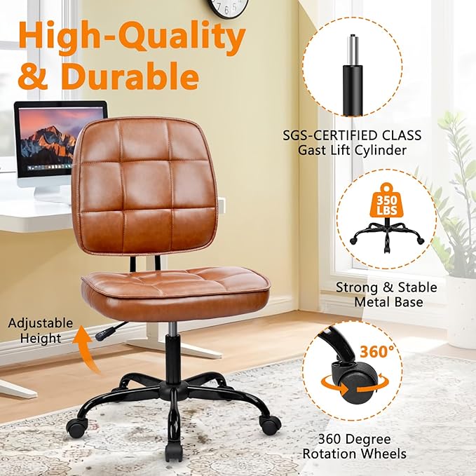 CLATINA Armless Home Office Chair with Lumbar Support and Wheels, Small PU Leather Ergonomic Low Back Desk Chairs No Arms, Adjustable Height 360° Swivel Rolling Computer Task Chair, Brown, 2 Pack