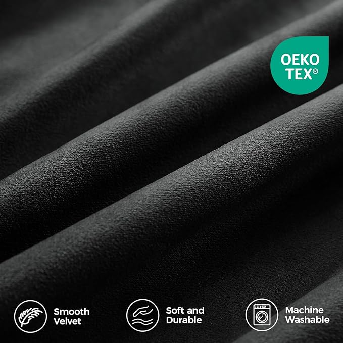 Pinch Pleated 100% Blackout Curtains for Bedroom, Black Velvet Curtains for Living Room, Black Out Curtain 90 inch Long Room Darkening, Blackout Pinch Pleat Drapes with Hooks 2 Panels