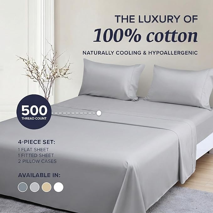 Beckham Hotel Collection Full Sheet Set 100% Cotton, 500TC Luxury Sateen Bedding, 16” Deep Pocket, Moisture-Wicking, 4-Piece, Gray