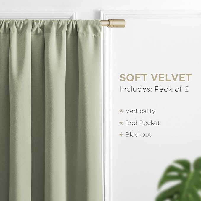 Joydeco Sage Green Velvet Curtains 90 Inches 2 Panels, Luxury Thermal Insulated Soft Green Curtains for Bedroom & Living Room, Room Darkening Velvet Drapes, Rod Pocket (52W x 90L)