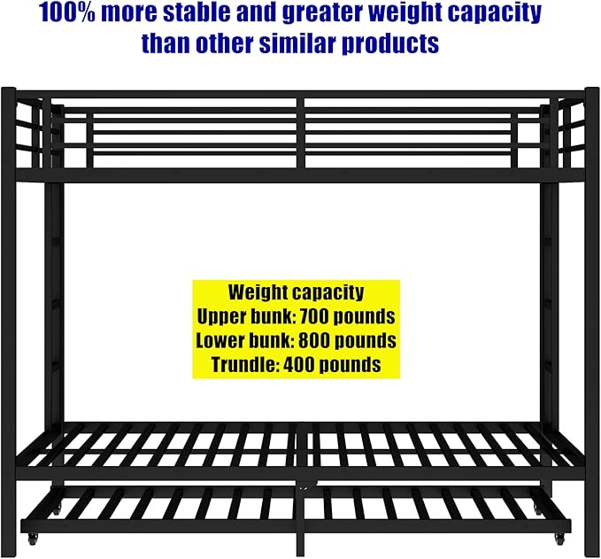 Upgraded & Stronger Heavy Duty Metal Queen Over Queen Bunk Bed for Adults & Teens, Thickened More Stable Safer Bunkbeds (Greater Weight Capacity) (Queen Over Queen Bunk Bed with Trundle)