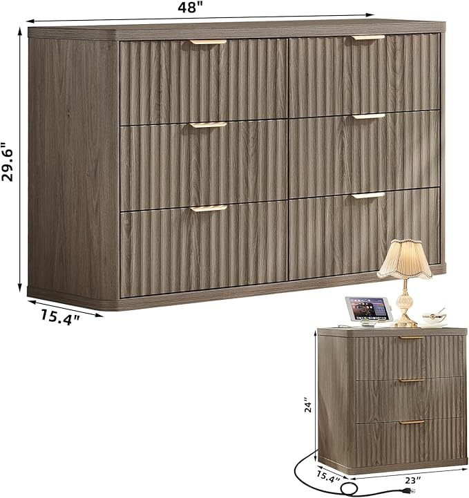 LEYAOYAO 48" Wide Fluted Dresser and 3 Drawers 23" Nightstand Set of 2, Wooden Dresser & Night Stand with Charging Station, 3 Piece Bedroom Furniture Set, Chest of Drawer for Living Room,Grey