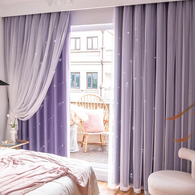 Stars Curtains for Kids, Double Layer Curtains, Blackout Curtains for Bedroom, Kids Curtains, Cute Curtains, Kids Blackout Curtains, Set of 2 Panels, Purple Curtains, 52 X 63 Inches