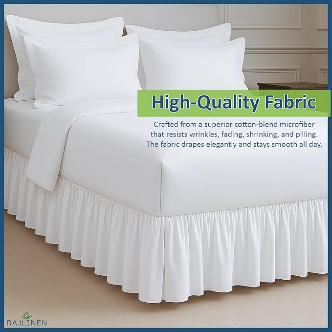 Rajlinen Ruffled Bed Skirt Full XL, 14 Inch Drop Dust Ruffle with Split Corners, 100% Microfiber Bedskirt with Platform, Three-Sided Coverage Ruffled Gathering Design, White