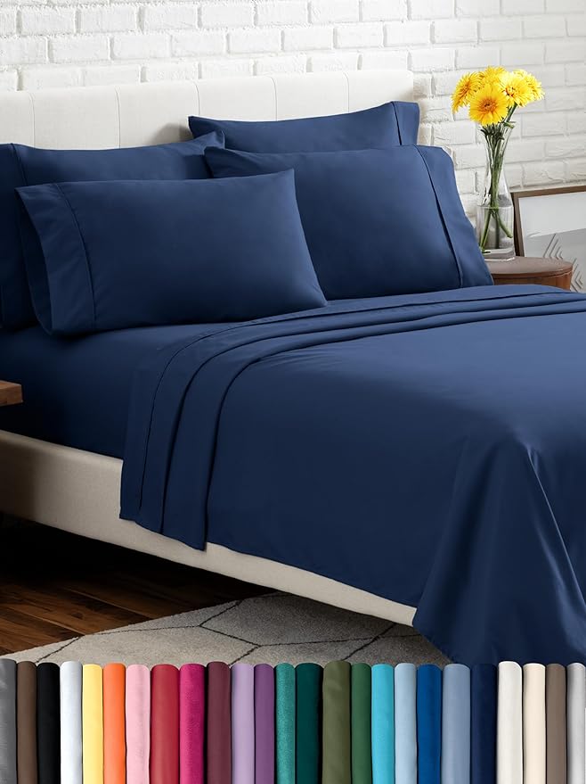 Bare Home Hotel Luxury Cal King Sheet Set, Extra Soft, 6 Piece Set, Deep Pockets, Easy Fit, Cooling & Breathable, Wrinkle, Fade, Stain Resistant, Includes 4 Pillowcases (California King, Dark Blue)