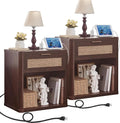 LEYAOYAO Rattan Nightstand with Charging Station, Walnut Night Stand with Drawer, 23" Wide Boho Bedside Table with Storage Shelf, Bed Side End Tables for Bedroom, Living Room, Hallway