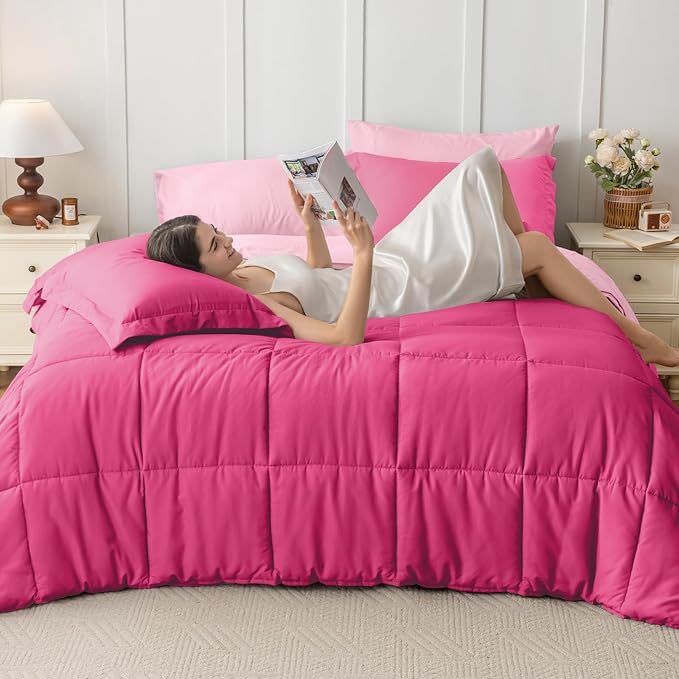 JOLLYVOGUE Full Comforter Set, Ultra-Soft Bed in a Bag Full Size 7 Pieces, Oeko-TEX Certified Bedding Set with Down Alternative Comforter, Sheets, Pillowcases & Shams, Hot Pink & Baby Pink