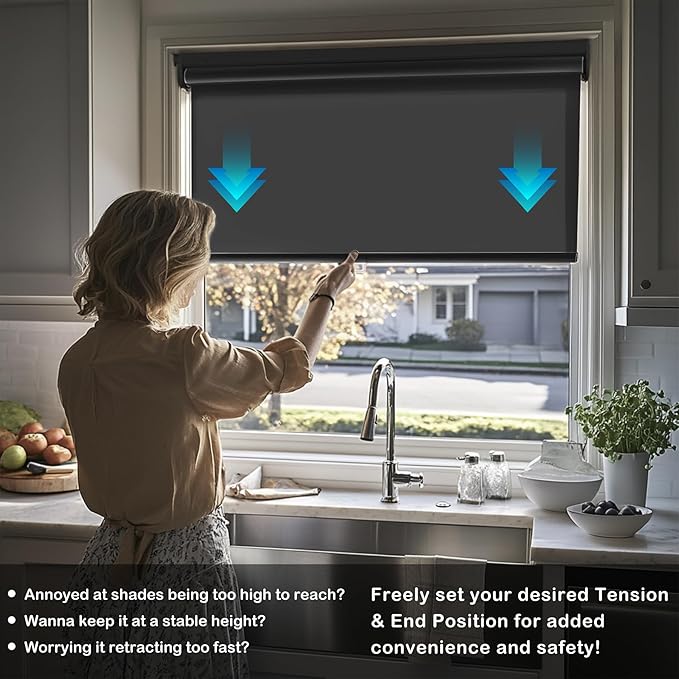 HESTIA No Drill Cordless Blackout Roller Shades Screwless Waterproof Shower Window Blinds, Auto-Retraction Easy Install Blind for Bathroom/Kitchen/Office/Exterior, Black, 46" W X 72" H