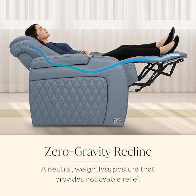 Seatcraft Diamante Zero-Gravity CoolZero Italian Leather Home Theater Seating, Power Headrest, Power Recline, Row of 3, Smokey Blue