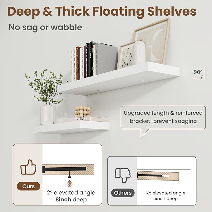24 Inch Floating Shelves for Wall, 8 Inch Deep Floating Shelf for Storage & Display, Rustic Wall Mounted Shelf with Invisible Brackets for Living Room, Kitchen, Bathroom, Home Decor, Set of 2, White