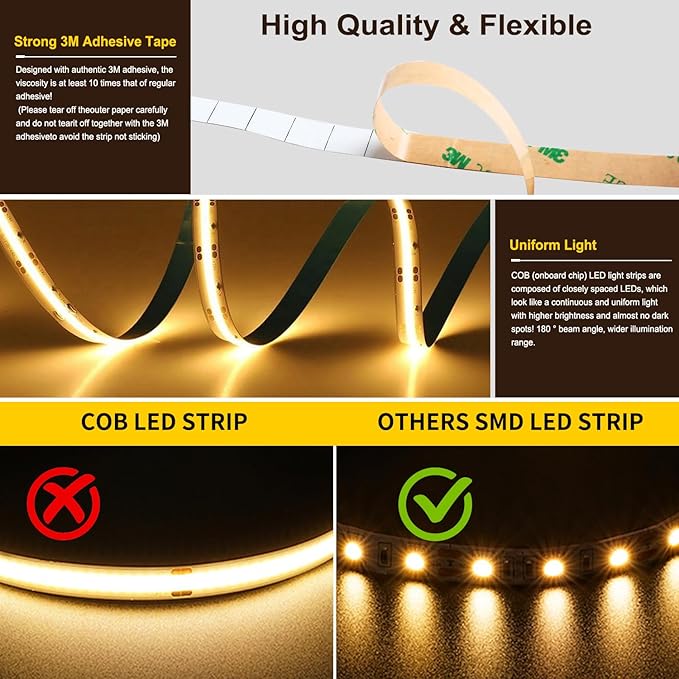 COB LED Strip Light,CCT Dimmable Strips Light,2700K-6500K,6.56ft/2m,8mm Wide,CRI90+ 24V LED Strips Kit with Bluetooth APP Control/Music Mode,for Bedroom,Kitchen,DIY Lighting