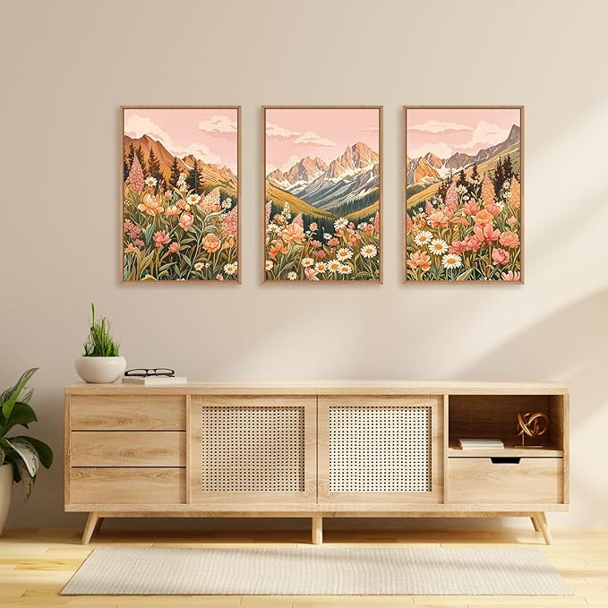 LHIUEM Large Abstract Colorful Mountain Framed Canvas Wall Art,Boho Pink Flower Wall Decor, Nature Wildflower Wall Painting,Bohemian Artwork for Living Room,Bedroom,Dining Room,Office -16"x24"x3