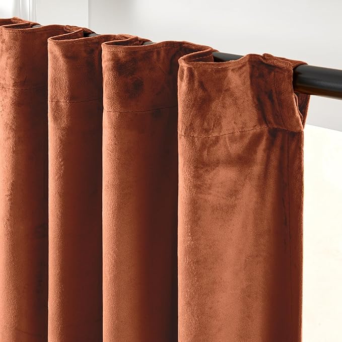 Lazzzy Burnt Orange Velvet Curtains 108 Inches Long Blackout Thermal Insulated Room Darkening Lined Curtain Drapes Back Tab Window Treatments for Bedroom Living Room 2 Panels,52 x 108 Inch, Caramel