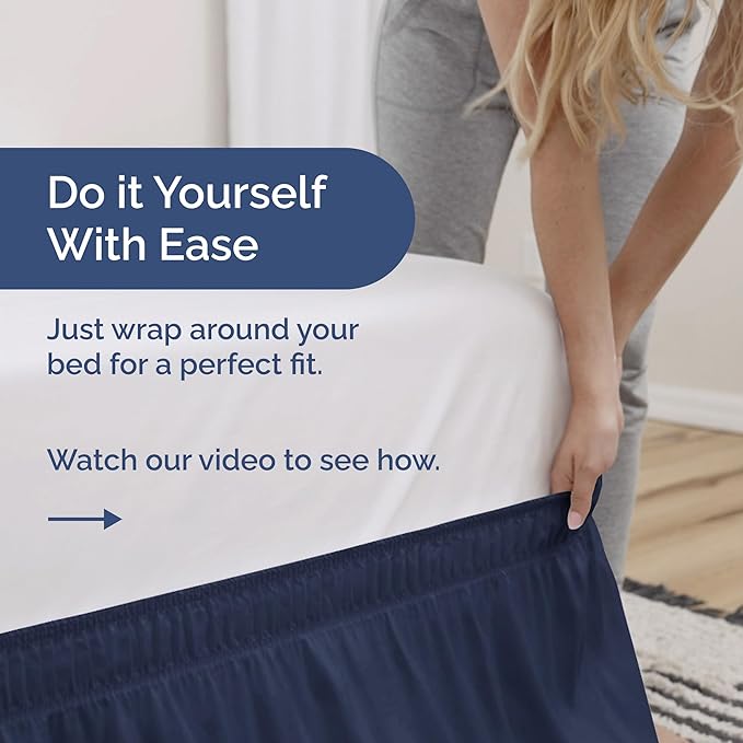 Wrap Around Dust Ruffle Bed Skirt - Navy Blue - for Full Size Beds with 18 Inch Drop - Elastic Strap - Adjustable Pleated Bedskirt with Brushed Fabric and Wrinkle Free - for Women, Men, Kids & Teens