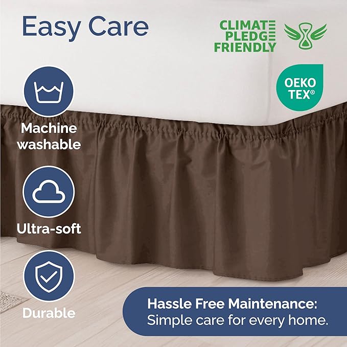 Wrap Around Dust Ruffle Bed Skirt - Brown - for Full Size Beds with 21 Inch Drop - Easy Fit Elastic Strap - Adjustable Pleated Bedskirt w/Brushed Fabric - Wrinkle Free - for Women, Men, Kids & Teens