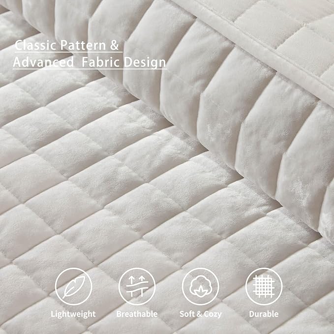 LEAONME Velvet Quilt Full/Queen Size-90''x98'', Lightweight White Velvet Comforter Set with 2 Pillow Shams, Soft Bedspread Coverlet Quilted Bedding Set for All Season