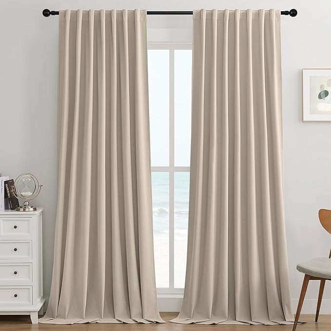 Joydeco Light Beige 100% Blackout Curtains 90 Inch 2 Panels, Luxury Thermal Light Beige Curtains for Bedroom Living Room, Soundproof Blackout Window Drapes, Rod Pocket & Back Tab (52W x 90L)